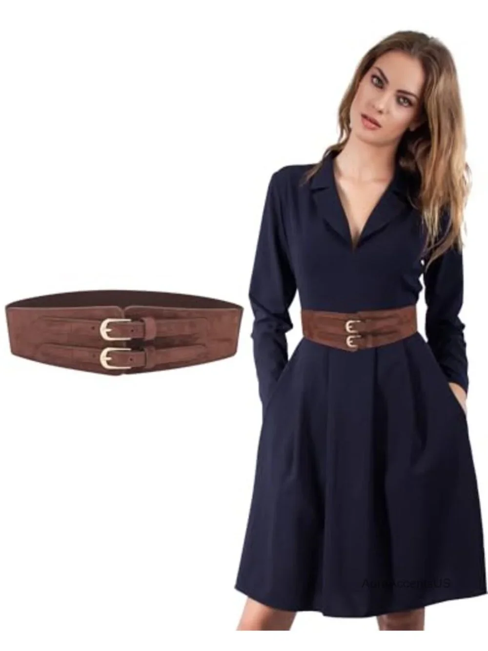 Wide Faux Leather Belt for Women Double Buckle Stretchy Elastic Waist Corset